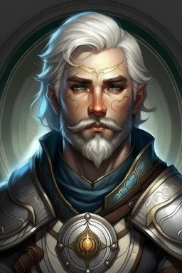 Please create an image for a 30-year old half-aasimar male with silver hair and a short, square beard and blue eyes. He is a cleric of Selune, whose symbol should be placed on the cleric's shield, if visible in the image. The cleric should be wearing chain mail, and carrying a warhammer or a mace and a shield