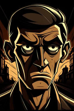 This image captures the essence of a man's face depicted in an animated style, reminiscent of the vibrant world of cartoons and cartoons. The artwork is meticulously designed, displaying the character's distinctive features, with the dominant foreground color being black, adding depth and intensity to the overall composition. The background is mostly brown, providing a contrasting background that highlights the character's features. The character's eye is particularly captivating, drawing