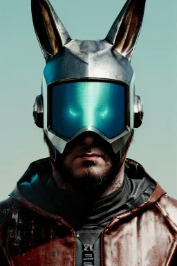 Medium Close Up Portrait, Front image. cyberpunk, rabbit mask helmet, strong man, titanium hair. Latex suit. Brown, black, color. Ghost Ryder style. Color background, photo studio. Avatar image, highly detailed, concept art, smooth, unreal engine 5, ray tracing, RTX, lumen lighting, ultra detail, volumetric lighting, 3d, finely drawn, high definition, high resolution.