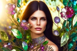 brunette woman in coloured glass gress set with gemstones, glittering metal stems and gemstone leaves in a flowergarden sharp focus elegant extremely detailed intricate very attractive beautiful dynamic lighting fantastic view crisp quality exquisite detail in the sunshine gems and jewels