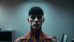 human figure visible only up to the shoulders of colorful threads , the threads forming the head are half-disintegrated, behind the threads in his head visible the dark universe with a few stars, he looking at the camera, in the background is gray and blurry office background, surreal image, detailed, sharp contrasts, realistic, cinematic, weird vibe