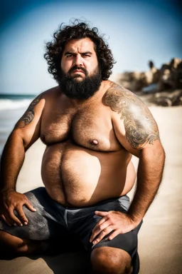 photography of a tired chubby hairy burly 35 years old ugly arab carpenter, shirtless, big nose, tattoo, unshaved, curly hair, manly chest, angry eyes, open legs , at the beach in the sun, big shoulders, big tights, side light, ground view angle