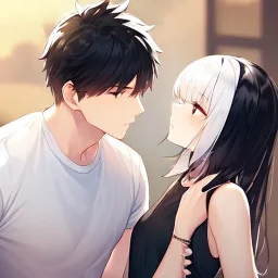 Boy with black hair, girl with white hair kiss