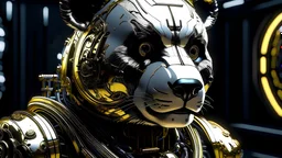 dark portrait of a detailed chrome & gold cyborg panda on a low gravity world. alien mega structures everywhere. futuristic. photoreal