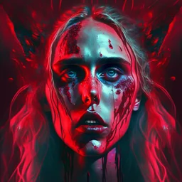 Singer Danish MØ face, blood, futuristic, iridescent, guts, wildflower, cosmic, intricate, darkred tones,