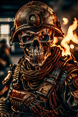 ultra high definition image of an attractive but scary looking skeleton, rising from the ashes, a war veteran, partially humanlike characteristics, army beret and ripped amo wear, very detailed, chaotic background, dramatic close-up action shot of him on a burned out war tanker with a torpedo on shoulder ready to fire and ammo ,gothic and dark theme, 12k