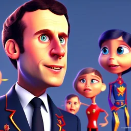 Emmanuel Macron, Pixar Studio movie style,