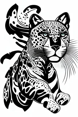 Design a vector art, line art of the "jaguar", jumping right to left