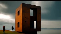 A modern cube-shaped building with irregularly shaped holes in the facade, two people standing on a platform, overlooking the sea with sailboats and a cloudy sky. Autumn, Rusty, Sunny, Somber colors, Soft lighting, Zoom out