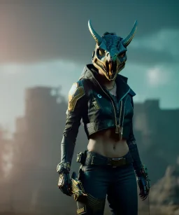 A badass Sofia Buttela wearing a dragon skull mask, atmospheric, realistic, unreal engine, cinematic lighting, octane render.