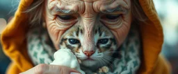 close up portrait of the sweetest soulfull magical old woman with no makeup eating kitten in ice cream with her big pointy nose