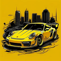 create me a Porshe 911 gt3 rs hoodie design, with small detail about the car, behind the car make a tokyo themed area, then above the car the brand name should be SEEK make the color yellow