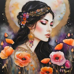 Alcohol ink art. Vibrant, fantasy, delicate, ethereal. A young woman, very long wild wavy, crow black hair, bright orange and white poppies and magenta flowers woven through hair, very long eyelashes. Head thrown back. Faberge gold and gems details. Background ink drip.
