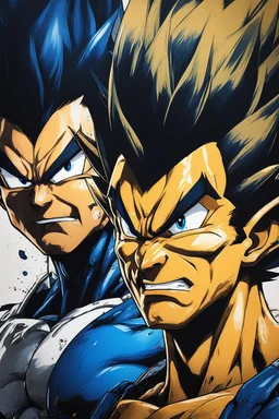 Poster in two gradually, a one side "vegeta face", another side "goku face", midle faces, painting by Yoji Shinkawa, darkblue and GOLD tones,sinister, detailed iridescent, metallic, translucent, dramatic lighting, hyper futuristic, digital art, shot with Sony Alpha a9 Il and Sony FE 200-600mm f/5.6-6.3 G OSS lens, natural light, hyper realistic photograph, ultra detailed -ar 3:2 -q 2 -s 750,malevolent goth vampire girl face and other side