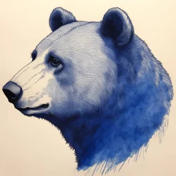 sideview of bear head, use raw sketch inkpen, use 70s comics style, indigo ink on creamy paper texture, strong contrast