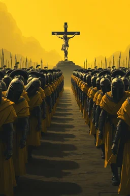 "A conceptual black-and- dark yellow, digital illustration of a massive roman warriors walking in the same direction, heads down, symbolizing conformity. Jesus on the cross in the background, The atmosphere feels lifeless and repetitive, emphasizing the ordinary mindset of the majority."