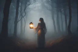 a woman on a forest with a lantern in the night, fox spirits and fog