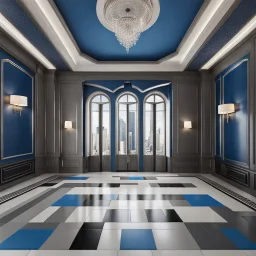 luxury hall ,tiled blue and gray large floor,