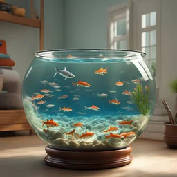 fish bowl in a suburban home with tiny sharks swimming in it, house cat dutifully watching bowl, hyperdetailed, realistic, dramatic, volumetric lighting, sharp focus, smooth, colorful