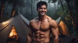 Hyper Realistic close-up-view of an extremely Handsome Muscular Shirtless Young Smiling Man-with-black-hair standing outside his tent & enjoying the nature-view inside a jungle-with-tall-trees & bonfire at dark night showing dramatic & cinematic ambiance