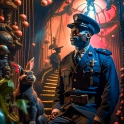 Broadway portrait of black macho gestapo army officer on a ladder inside glowing mushroom grove with huge fluffy space rabbit, 4 k, down-light, soft light, depth of field, photo realism, trending on art station, high detail, spray paint