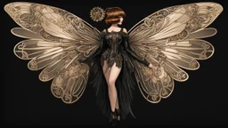 Full Body, Art Nouveau Woman With A Bob With A Fringe Hairstyle, 1920s Clothing, Steampunk Metal Moth wings, Black Background