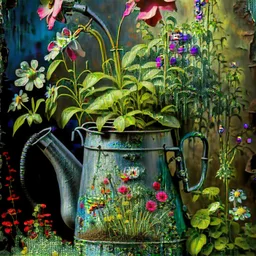 beautiful old watering can surrounded by gorgeous plants and flowers Modifiers: Award winning photography oil on canvas beautiful