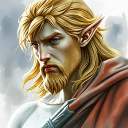 fantasy, dramatic portrait, marble statue of an elf male, watercolour, golden hair, warrior, mighty, righteous