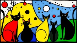 a playful abstract stained glass window in the style of Joan Miró, featuring six minimalist cats made of bold black lines and simplified organic shapes. The composition includes floating eyes, moons, dots, and stars in primary colors — red, yellow, blue — mixed with bright green and black. Each cat is reduced to essential forms: circles, curves, sharp ears, long tails, integrated into a colorful, free-flowing pattern. The stained glass has a modern, light-hearted energy, filled with whimsical sy