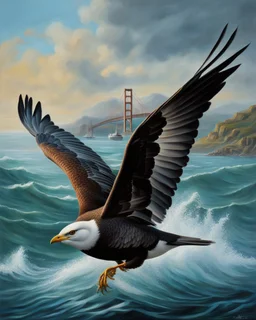 Alcatraz bird plummeting into the sea, portrait, ultra quality, hyper detailed, hyper realistic, oil painting, artwork, 8k