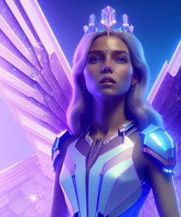 A crystalised queen, atmospheric, realistic, unreal engine, cinematic lighting, octane render. blue, pink, transparency, light, shine,bright, full body, transparent wings, blonde, long hair, nice smile