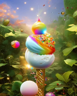 extravagant luxury icecream with extras, on sunny day, bokeh, vibrant color, 8k, RTX, realistic, 3D, Salvador Dali, Alma-Tadema