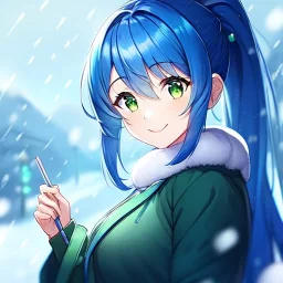 Clear focus, 8k, beautiful lighting, vibrant colors, girl, blue hair, green eyes, ponytail, snowing, winter clothes, looking up, smiling,