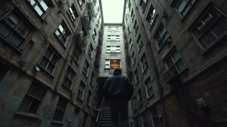 wide angle shot, looking up from the bottom of a narrow courtyard or alleyway, towering old apartment buildings with many windows on both sides, weathered concrete and brick walls, peeling paint, graffiti, exposed pipes and wiring, a single open doorway leads to a dimly lit staircase, a young man in a dark hoodie and jeans stands to the right looking up, dramatic lighting with a bright sky at the top creating a sense of depth and mystery, slightly desaturated colors, gritty texture, cinematic, m