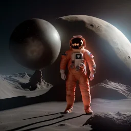 an astronaut in moon, full body, highly detailed, orange puffer jacket, 3d render