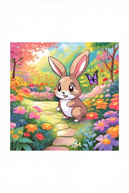 The cute bunny looks in awe at a striking purple butterfly flying by,colorful garden background , child book illustration style, faces must be the same as reference image