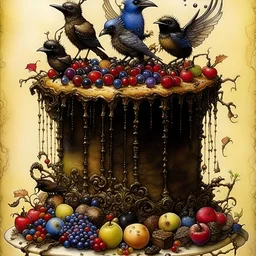 The most decadent cake, by Jean-Baptiste Monge, watercolor and ink, delicious, delightful, intricate details, happy, beautiful, award winning, colorful, watercolor, crisp quality, gorgeous, berries, chocolate, highly detailed, sharp focus.