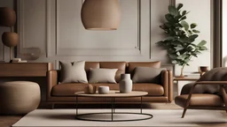 Home interior mock-up with brown leather sofa, table and decor in living room, 3d render