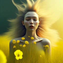 maxima hyper realist, hyper detailed,laying down in gras with yellow flowers for hair, closed eyes, rtx, reflection, 8k, glow, winning photography, caustics