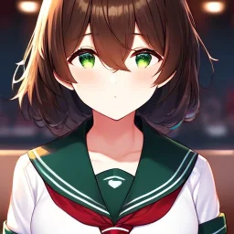 Clear focus, High resolution, short dark brown fluffy hair, green eyes, wearing a sailor uniform, red tie, yandere