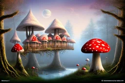 fly amanita houses with windows in old forest hanging bridge