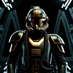 star wars bald male corellian pilot wearing gunmetal grey and black First Order armored special forces TIE pilot flightsuit and helmet with gold trim inside the jedi temple, centered head and shoulders portrait, hyperdetailed, dynamic lighting, hyperdetailed background, 8k resolution, volumetric lighting, fully symmetric details