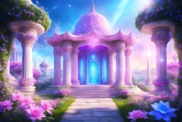 tempio magico di un altro pianeta in stile ferico con natura e fiori rosa e azzurri e cristalli e gemme in giardino con due colonne di luce e cielo aperto luminoso