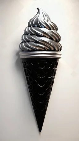 "A wall-mounted 3D sculpture of an oversized ice cream cone, with a swirl of metallic silver ice cream atop a bold black cone. The textures of the cone are intricate, and the metallic finish shines under focused lighting. Displayed on a white wall for a sleek effect. 3D realistic rendering."