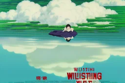 A compelling movie poster for 'Whispering Winds', depicting Yui wearing her respirator, gazing resolutely at the viewer. The reflection in her goggles shows the lush biodome against the contrasting bleak, smoggy cityscape. The tagline 'In the breath of nature lies our survival' is written at the bottom.