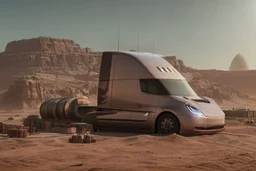 A Tesla 'Semi' (semi truck) is parked, in Mos Eisley on the planet Tatooine. (CINEMATIC, WIDE ANGLE LENS, PHOTO REAL)