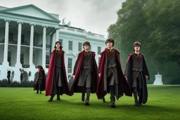 realistic young Harry Potter movie characters in front of white house