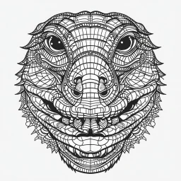 Alligator, front view, mandala, minimal lines, cartoon, white back ground color, real style, realistic, minimalistic, minimal black line art, line art, crisp line art, unique coloring sheet, outlined, outline, crisp, crisp line edges, illustration, thin lines, crisp clear lines, line art, clean line art, unique, 8k, amazing, masterpiece, no colors, no dark color, no black color, avoid thick black, minimalistic line edges, pure white back ground, image character full fit to page,