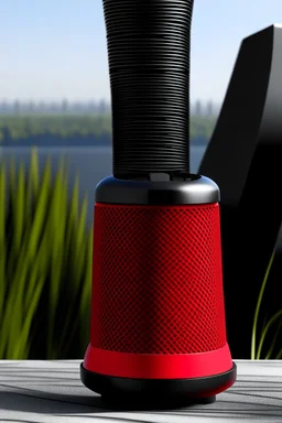 portable speaker, form inspired by merdeka 118 tower , flora and fauna form, modern design style and black and red color