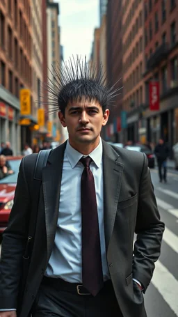 A man with suite carrying a business bag walking in the new York street , his head is a covered with needles , no nose or mouth